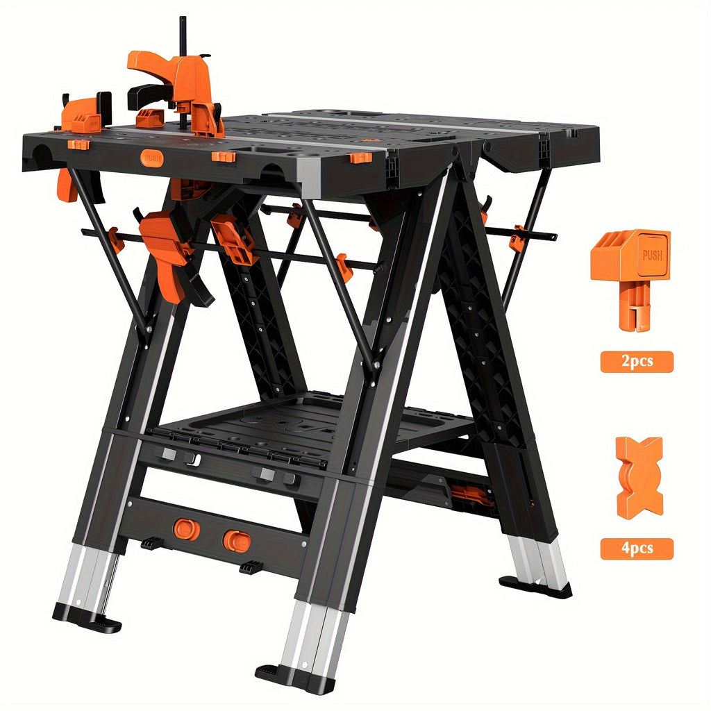 Folding Workbench, 2-in-1 Waterproof Portable Folding Work Table, 31" W X 25" D X 32" H Workbench, Height-Adjustable Work Table with 4 Woodworking Clamps, 4 Connecting Blocks, 2 Limit Blocks