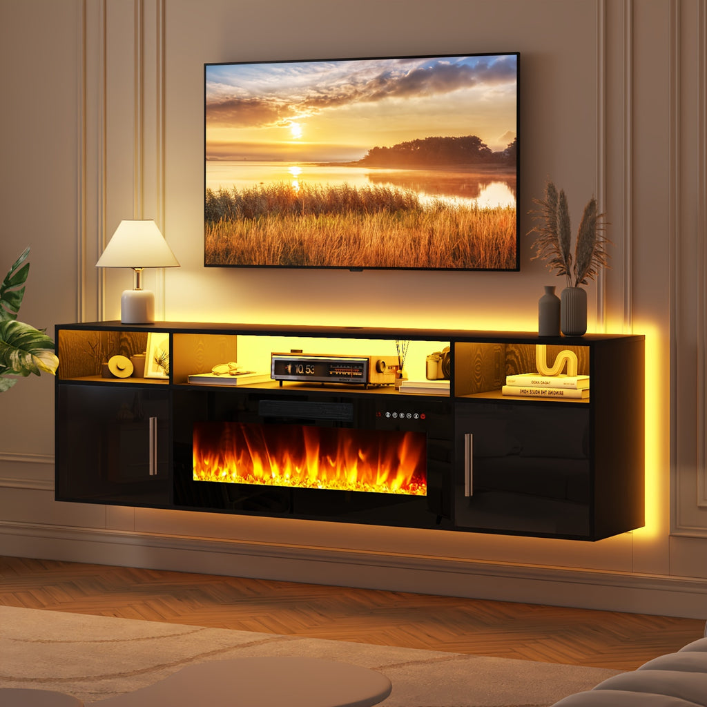Floating Fireplace TV Stand 70'' Wall Mounted Shelf, LED Light Entertainment Center And Storage, Modern Wood Media TV Console with Highlight Cabinet for Living Room