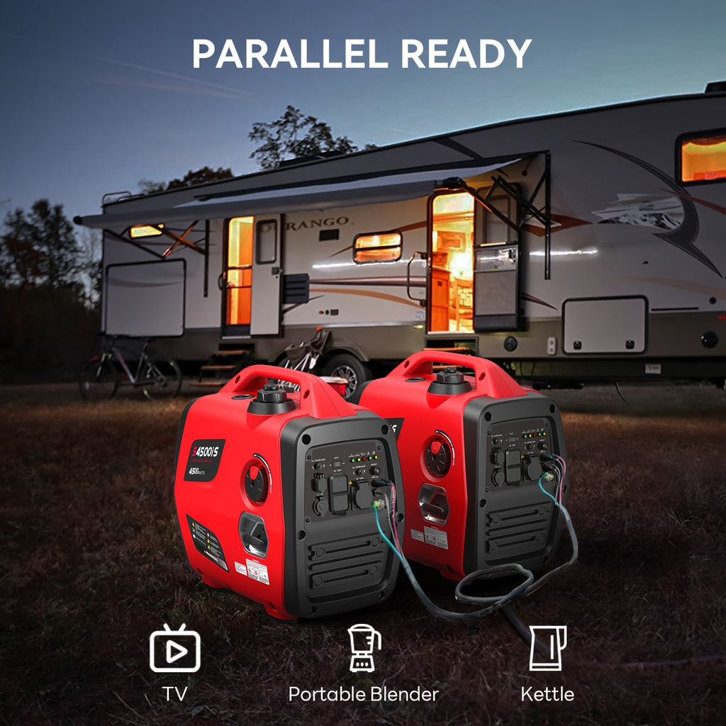 RV Portable Inverter Generator, Ultra Quiet, CO Alarm, Peak 2500W Rated 1900W, Peak 3200W Rated 2600W, Peak 4500W Rated 3600W, For RV Travel, Van Life, Road Trip, Camping, Patio, Backyard, Outdoor Working & Home Power Backup, Without Battery