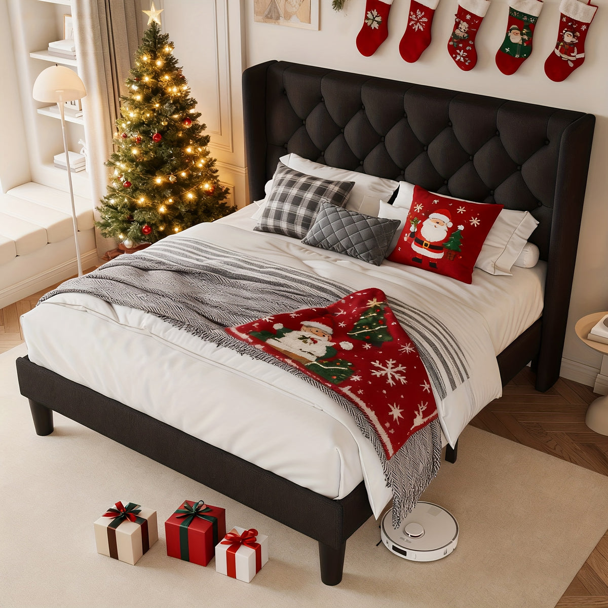 Valnase Modern Style Platform Bed Frame with 24"H Button Tufted Headboard, Solid Wood Slats Support, Artistic Legs Design - Dark Grey/Light Grey/Black Linen & White Velvet Options, Bed Frame for Home Bedroom