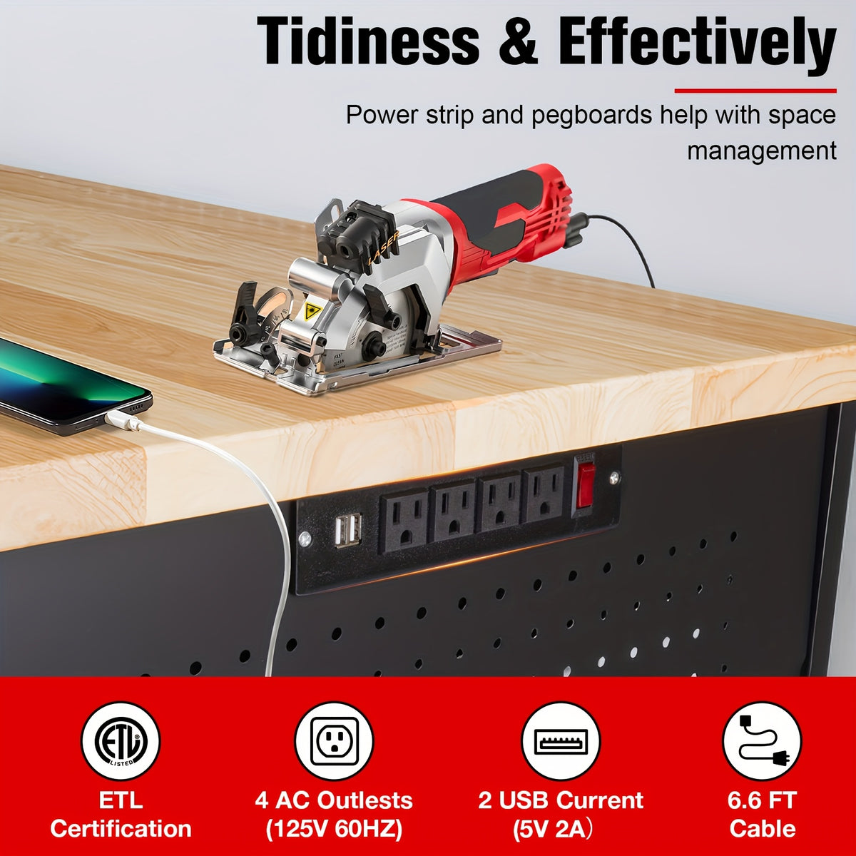 60"× 22" Garage Workbench with Drawers & Pegboard -- Adjustable Heavy Duty Table with Power Strip, Strip Light & Thick Rubber Wood Top, 2000LBS Load Capacity for Workshop, Office, Home Garage