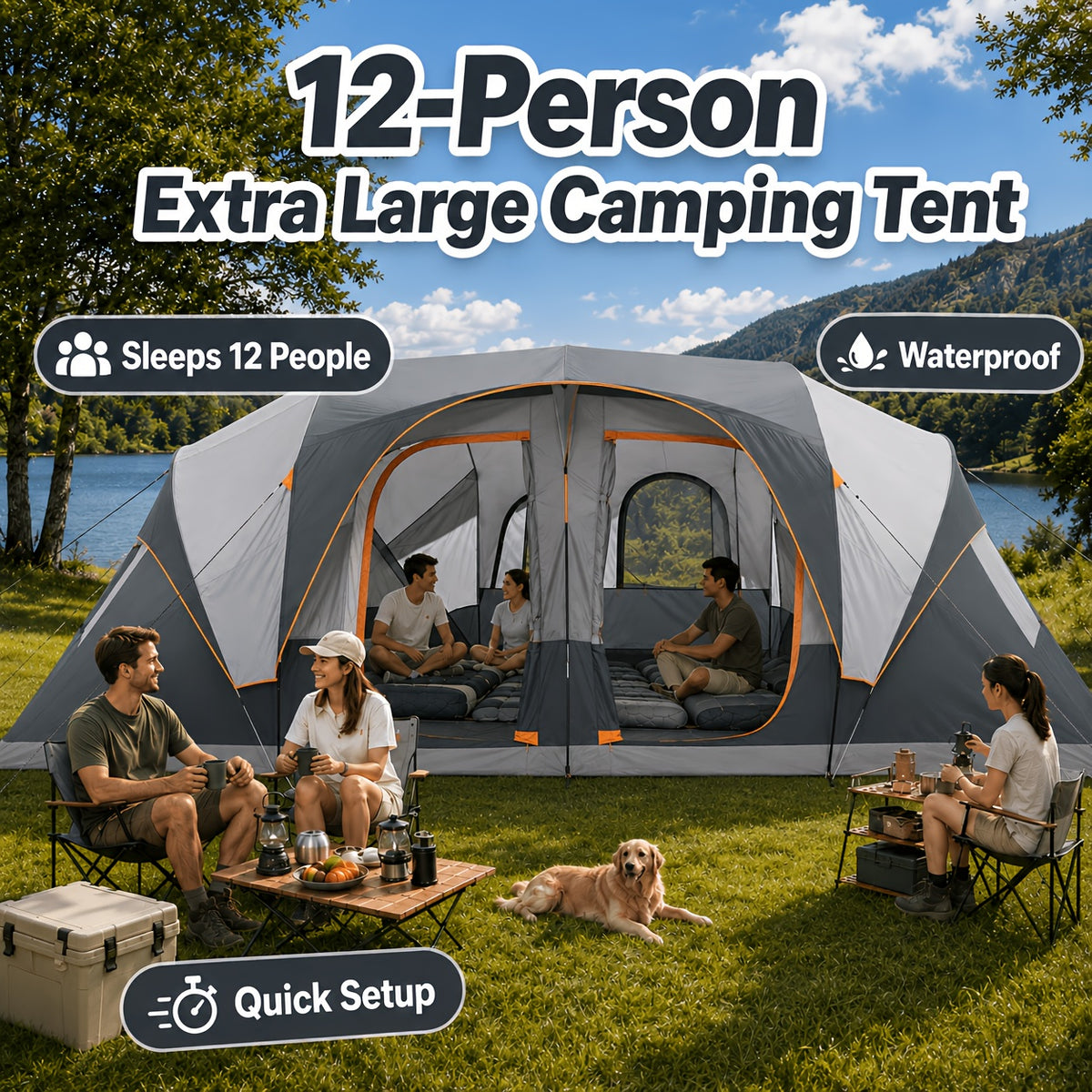 12-Person Camping Tent, Family Cabin Tent with 2/3 Rooms, Weatherproof, Features 6 Large Mesh Windows, Double Layer, Includes Dividing Curtain for Separate Rooms, Portable with Carry Bag