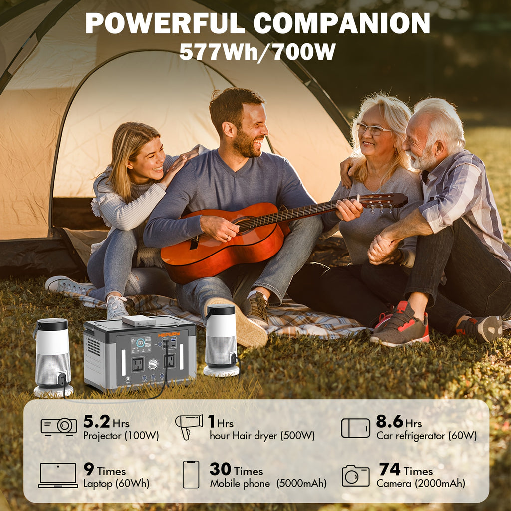 2400W Peak Solar Generator, Portable Power Station 700W 577Wh Backup Battery Pure Sine Wave with 120V AC Output Car Outlets PD 60W QC3.0, Refrigerator Mode Power Supply Bank for Camping, RVs, Blackout, CPAP, Black Friday, Thanksgiving, Christmas