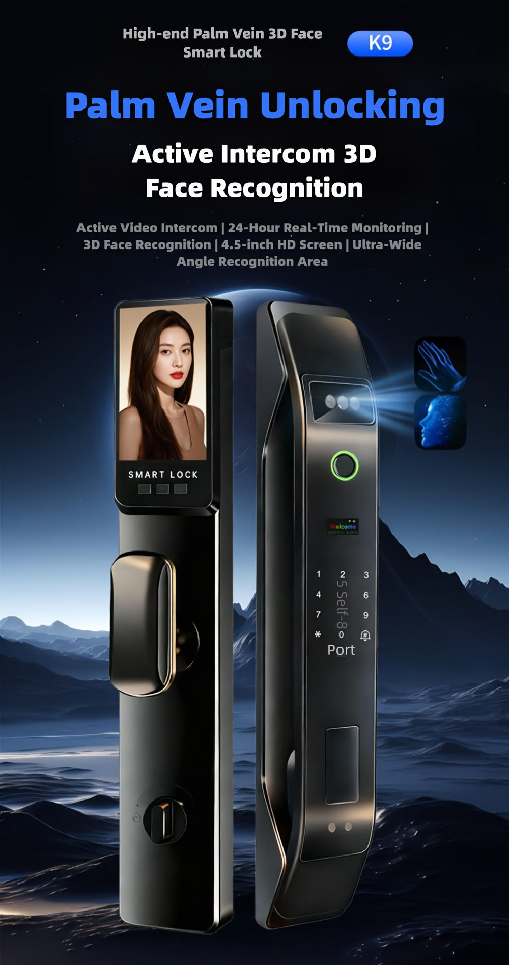 Modern AI Smart Lock with 3D Facial & Fingerprint/Palm Vein Biometric Entry, Keyless Door Lock Suitable for Home/Office, Remote Video Intercom System, Mobile App, Password/Key Entry, Smart Door Lock for Apartments