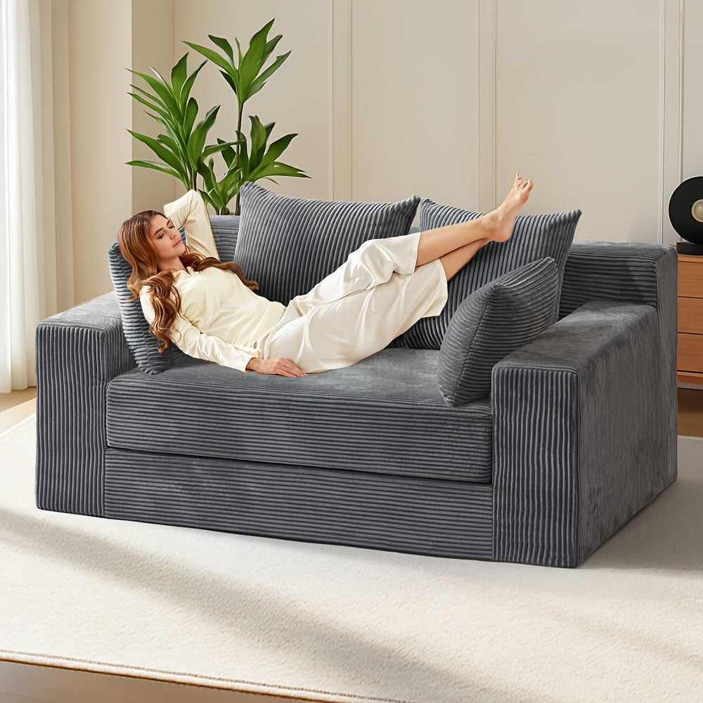 Convertible Sofa Bed, 3in 1 Loveseat Folding Couch Bed Foldable - Boneless Couch & Floor Futon Sleeper, Corduroy Pull Out Sofa Bed with 4 Pillows for Living Room