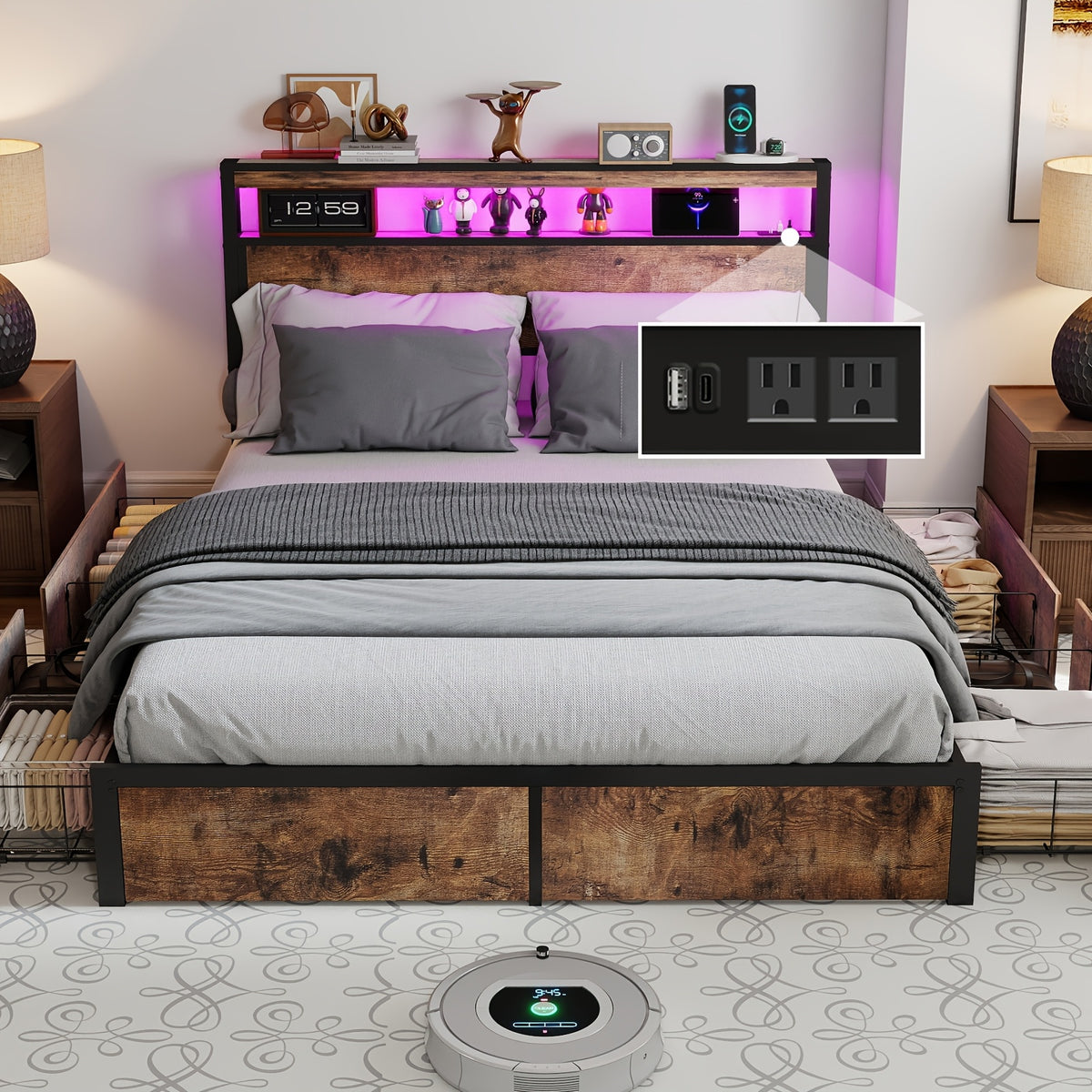 Full/Queen/King Size Bed Frame with 4 Storage Drawers, Metal Platform Bed with LED Lights & Charging Station, 2-Tier Wood Headboard, 800 LBS Capacity, Noise-Free, No Box Spring Needed, Vintage Brown Finish