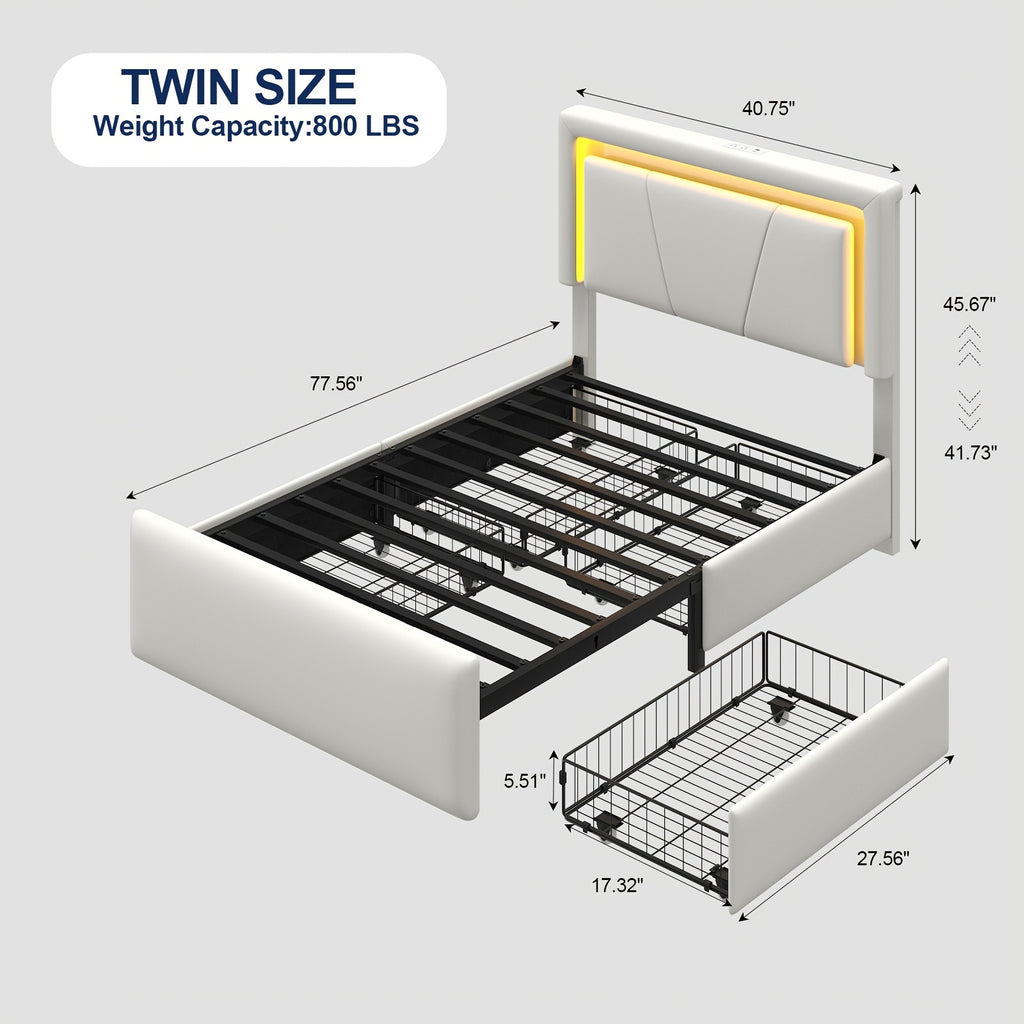 Upholstered Platform Bed Frame with 4 Storage Drawers, Twin/Full/Queen Size Bed Frame with LED Lights And Adjustable Headboard, Metal Slats Support, Charging Station, Easy Assembly, Noise Free, Black/White