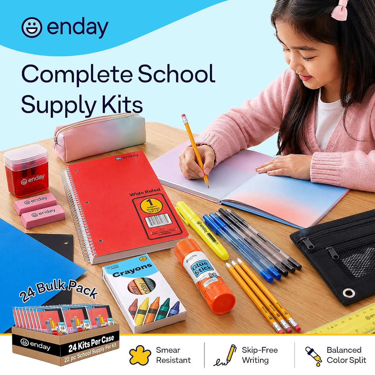 24 Pack School Supply Kits for Kids, 22-Piece Back to School Supplies with Notebook, 2 Folders, Pencil Pouch, 4 Pens, 3 Pencils, 5 Crayons, Glue Stick, Highlighter, Ruler, 2 Erasers & Sharpener & More!