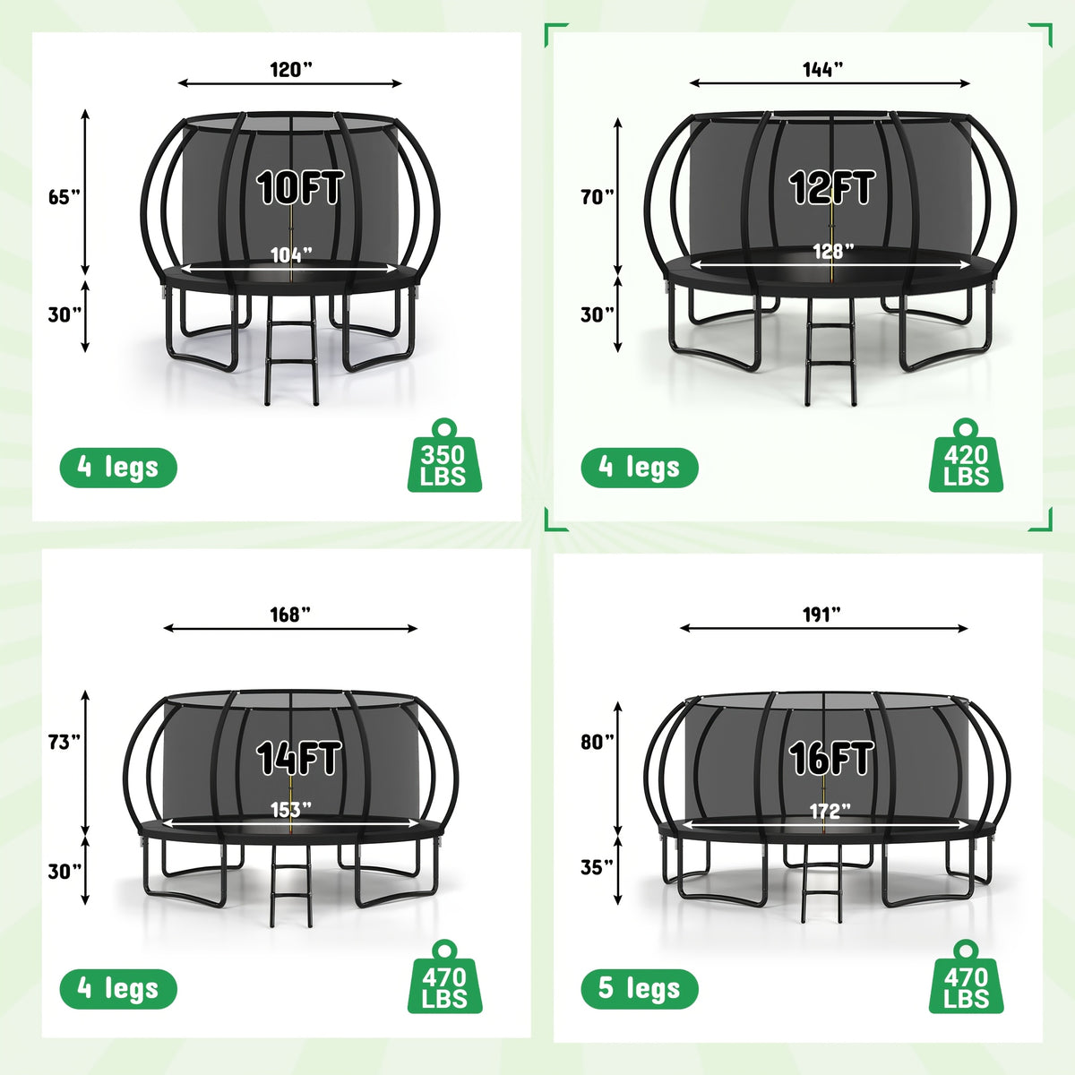 Polar Aurora Outdoor Trampoline, 10FT 12FT 14FT 16FT Recreational Trampoline for Adults, Trampoline with Safety Enclosure Net, Wide Ladder And Anti-Rust Coated Frame