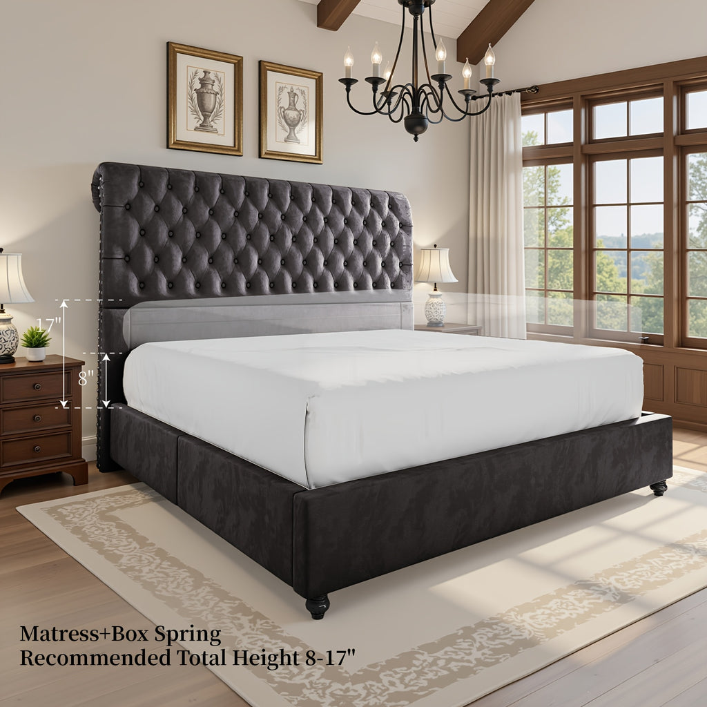 LUXOAK Bed Frame King/Queen Size, Velvet Tall Headboard King Bed Frame with Button Tufted 52.8" Tall Sleigh Headboard, No Box Spring Needed, Easy Assembly