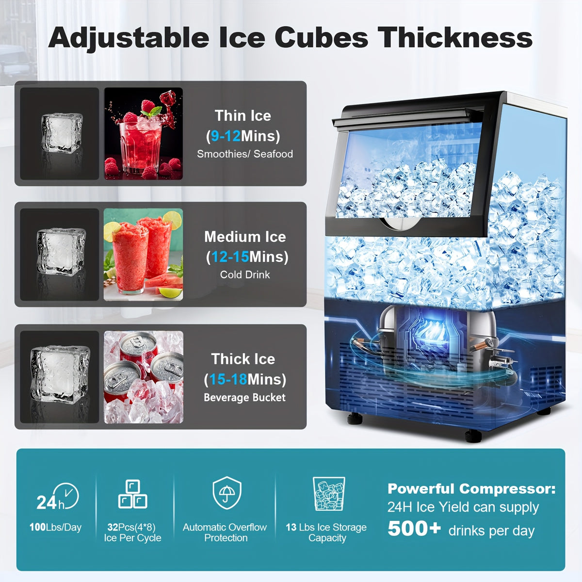Commercial Ice Maker Machine 100LBS/24H with 13LBS Storage Bin, Freestanding/Under Counter Ice Machine for Home/Party/Bar/Restaurant, Include Water Filter, Scoop, Connection Hose
