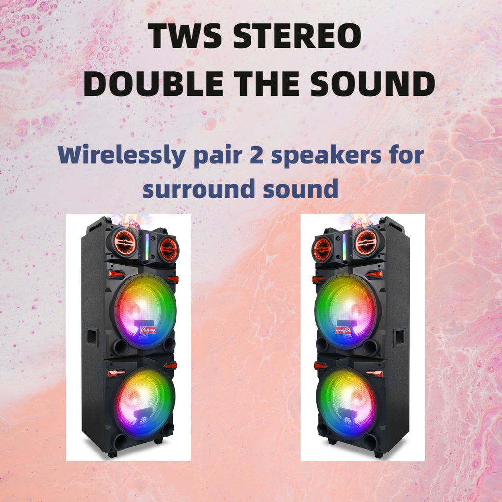 Dual 10" Bluetooth Karaoke Speaker, Portable Subwoofer with Heavy Bass, LED Flashing Lights, Mic & Remote, Multi-Mode (BT/USB/TF/AUX/FM), TWS Pairing, Handle & Wheels for Home, Party, Outdoor Events