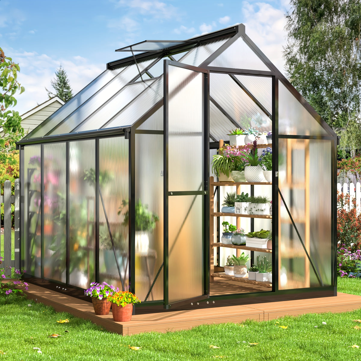 [Large Walk-in Greenhouse] VIWAT Greenhouse for Outdoors, Polycarbonate Greenhouse With Quick Setup Structure and Roof Vent, Aluminum Large Walk-in Greenhouse for Outside Garden Backyard, Garden Houses