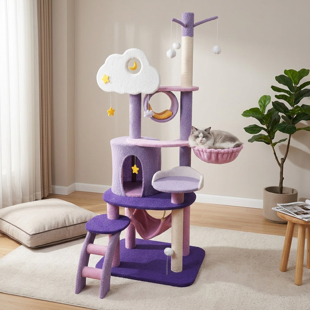 65in Cat Tree Cute for Indoor Cats Pink Moon Cat Tree Tower with Scratching Post, Hammock And Condo Large Tall Cat Tree for Kittens Cats