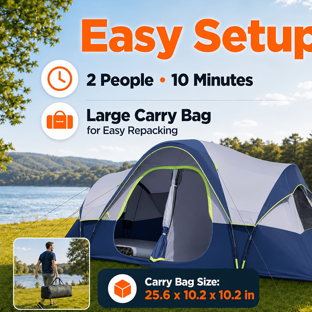 Spacious 10-Person for family Camping Tent, 2-Room Privacy Cabin Tent, And Windproof with Mesh Window, Easy Setup for Family Outdoor Trips And Backyard Parties