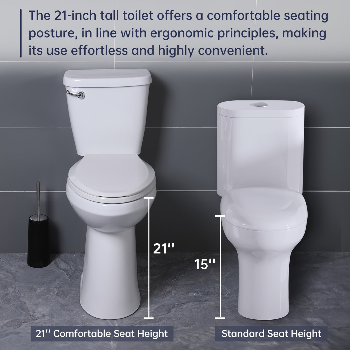 21'' Extra Tall Elongated Toilet With Comfort Chair-Height Seat, 1.28 GPF Powerful Single Flush, 12'' Rough-In, Ideal For Seniors & Tall Individuals