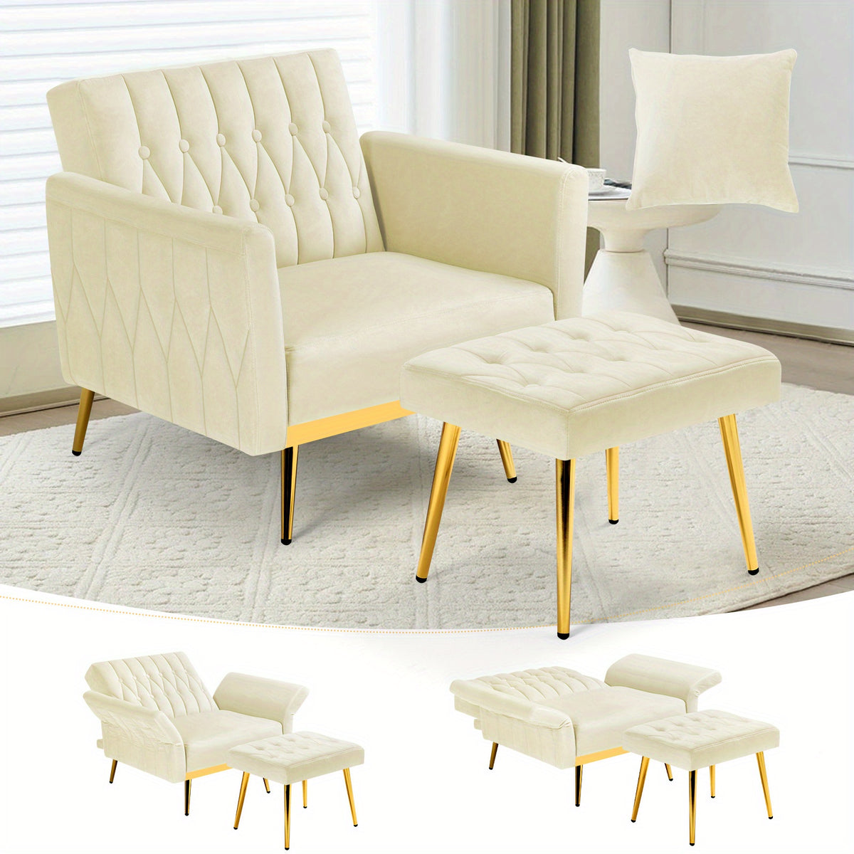 ACMEASE 31.5 Inch Velvet Adjustable Accent Chair with Ottoman & Pillow, Tufted Single Sofa Chair with Golden Metal Legs for Living Room