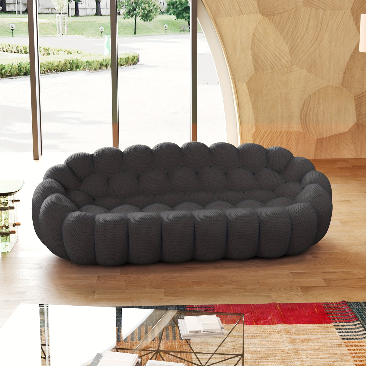 100.03'' Modern Upholstered Curved Sofa, 3 Seater Mesh Fabric Floor Sofa, 3D Honeycomb Shape Curved Couch for Living Room