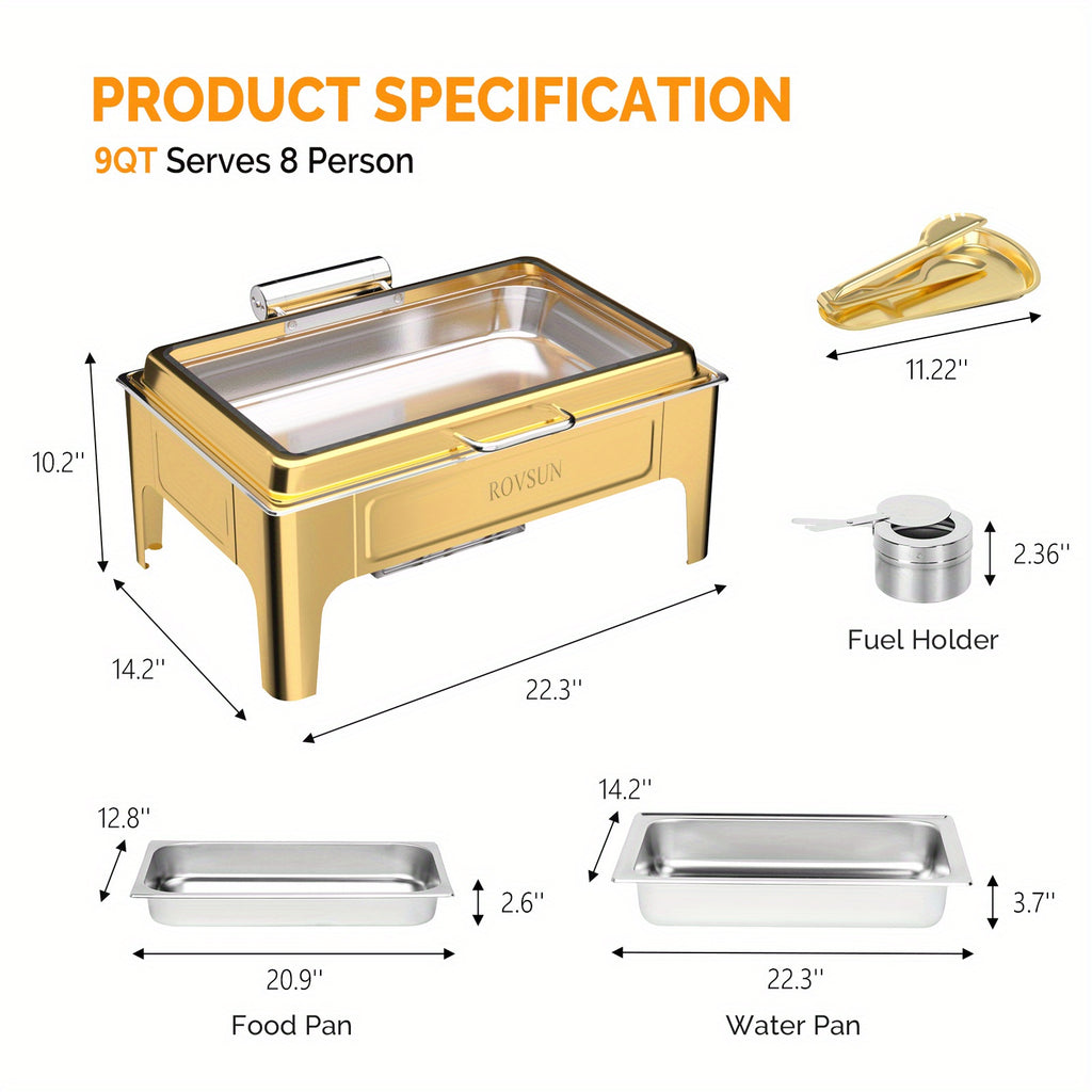 9QT square 304 stainless steel hot pot, hydraulic glass cover and food pot - golden buffet heater, suitable for catering, parties, events and home use only for cooking (1 pack))