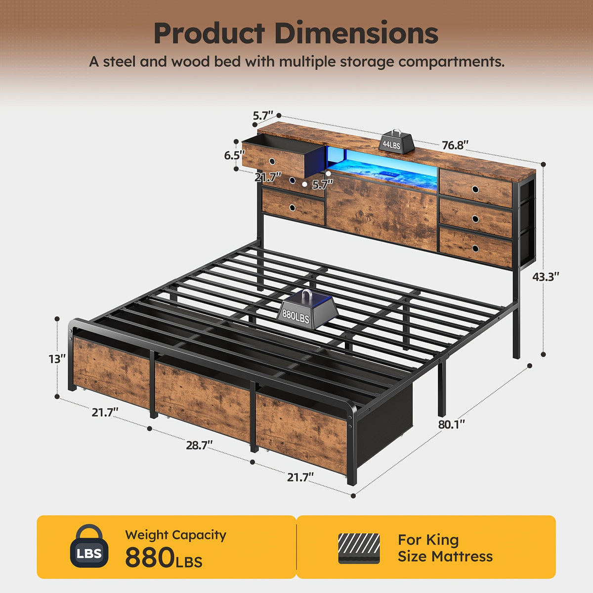 Reinforced Storage Bed Frame, King/Queen/Full with 8/9 Drawers, Headboard Storage, Multi-Color LED Lights & Charging Station, Noiseless & Easy Assembly, Black/Tiger Brown