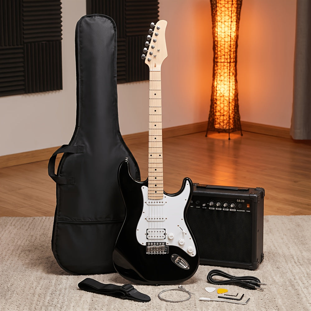 Electric Guitar Amp Set S-S-H Pickup Configuration, Maple Fretboard, White Finish with White Pickguard Christmas Gift/ Holiday Essential