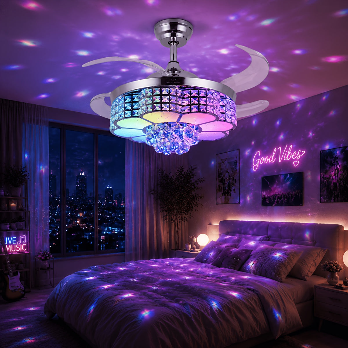 42-Inch Crystal Decoration with RGB Ceiling Fan And Light, Supports Infinite Dimming And Light Memory. with Speakers, 6 Speeds Reversible Blades, Flush Mount Chandelier Ceiling Fan Remote Control And APP Convenient Control Way