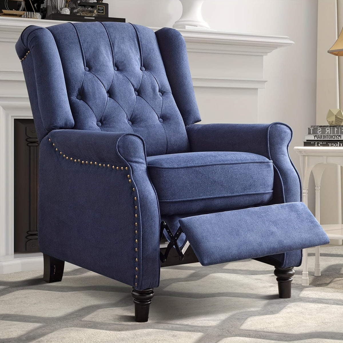 Pushback Recliner Chair, Fabric Armchair Push Back Recliner with Rivet Decoration, Mid Century Wingback Accent Chair for Living Room, Bedroom