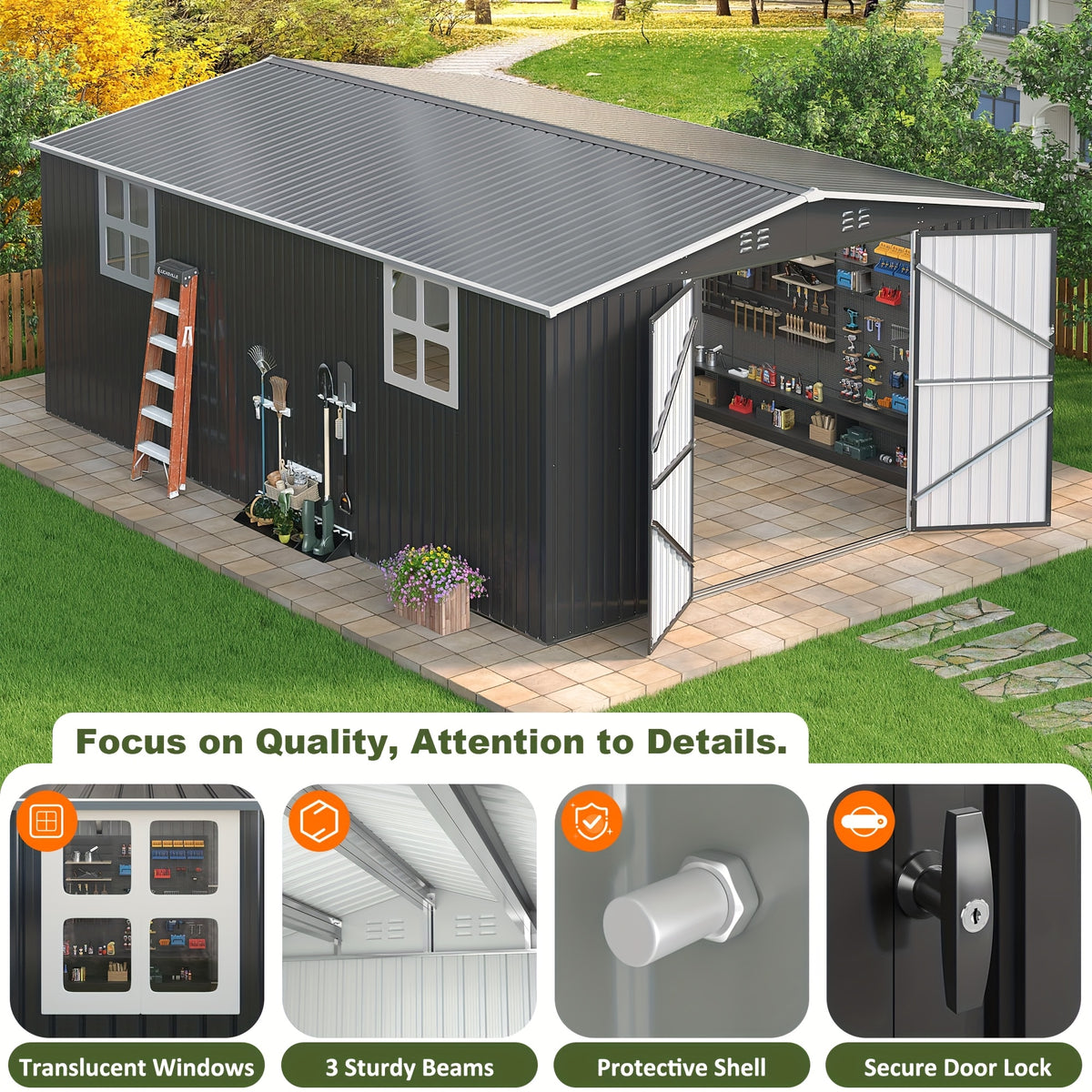 [Extra-Large Metal Shed] 5X3/12X16/12X18 FT Outdoor Storage Shed, Extra-Large Metal Shed With Hinged Door And Windows, Heavy-Duty Metal Tool Shed For Backyard, Garden, Patio, Or Lawn, Black