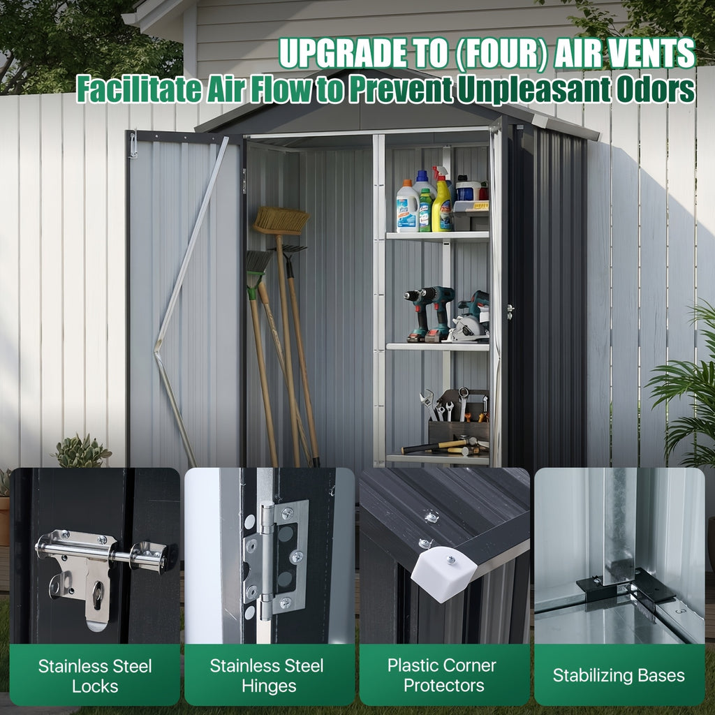 UMORLYRAE Vertical Metal Tool Cabinet, Weatherproof Outdoor Storage Shed with Floor Base & Adjustable Shelves, A-Frame Roof Design, Space-Saving for Garden, Garage, Patio(2.5x2ft/3.5x2.2ft)