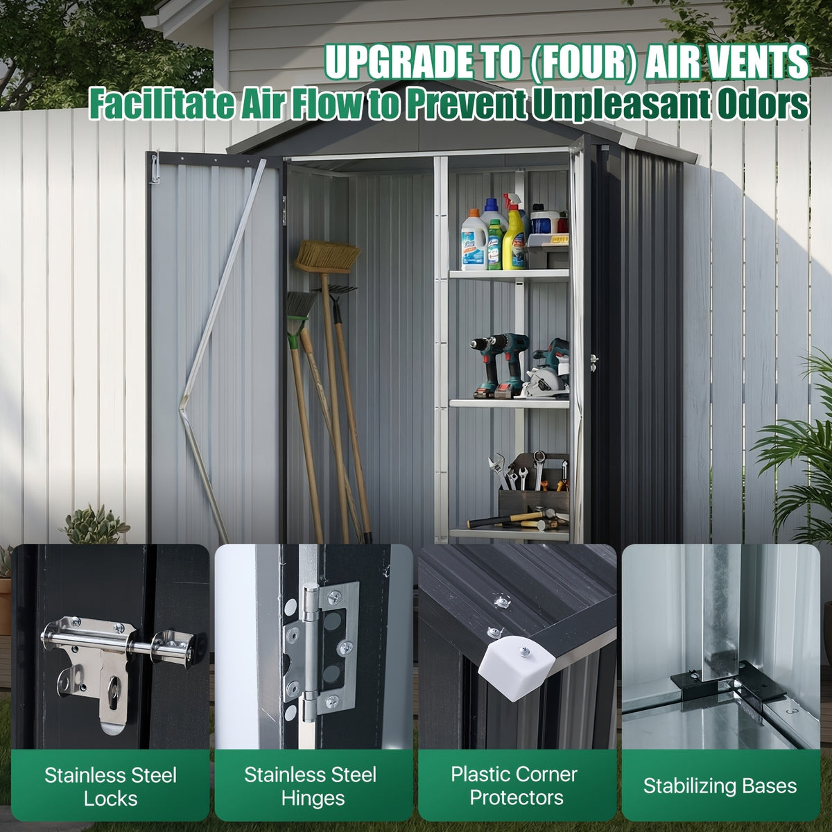 UMORLYRAE Vertical Metal Tool Cabinet, Weatherproof Outdoor Storage Shed with Floor Base & Adjustable Shelves, A-Frame Roof Design, Space-Saving for Garden, Garage, Patio(2.5x2ft/3.5x2.2ft)