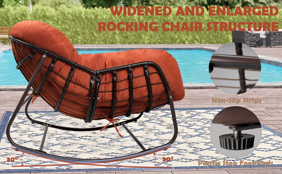 Papasan Rocking Chair Outdoor, All Weather Wicker Papasan Patio Chair with Cushion And Pillow, Heavy Duty Metal Oversized Papasan Rocker Egg Chair for Garden, Patio