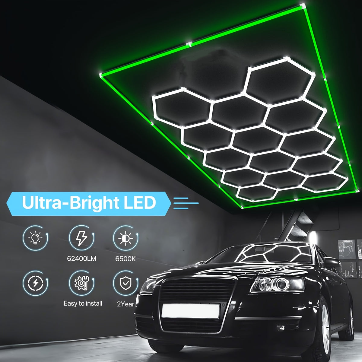 High-brightness LED Garage Light. Hexagonal Honeycomb Garage Light, Barber Shop Ceiling Light, Modern Design, Single Tube 850 Lumens, Framed LED Light Total 58650 Lumens