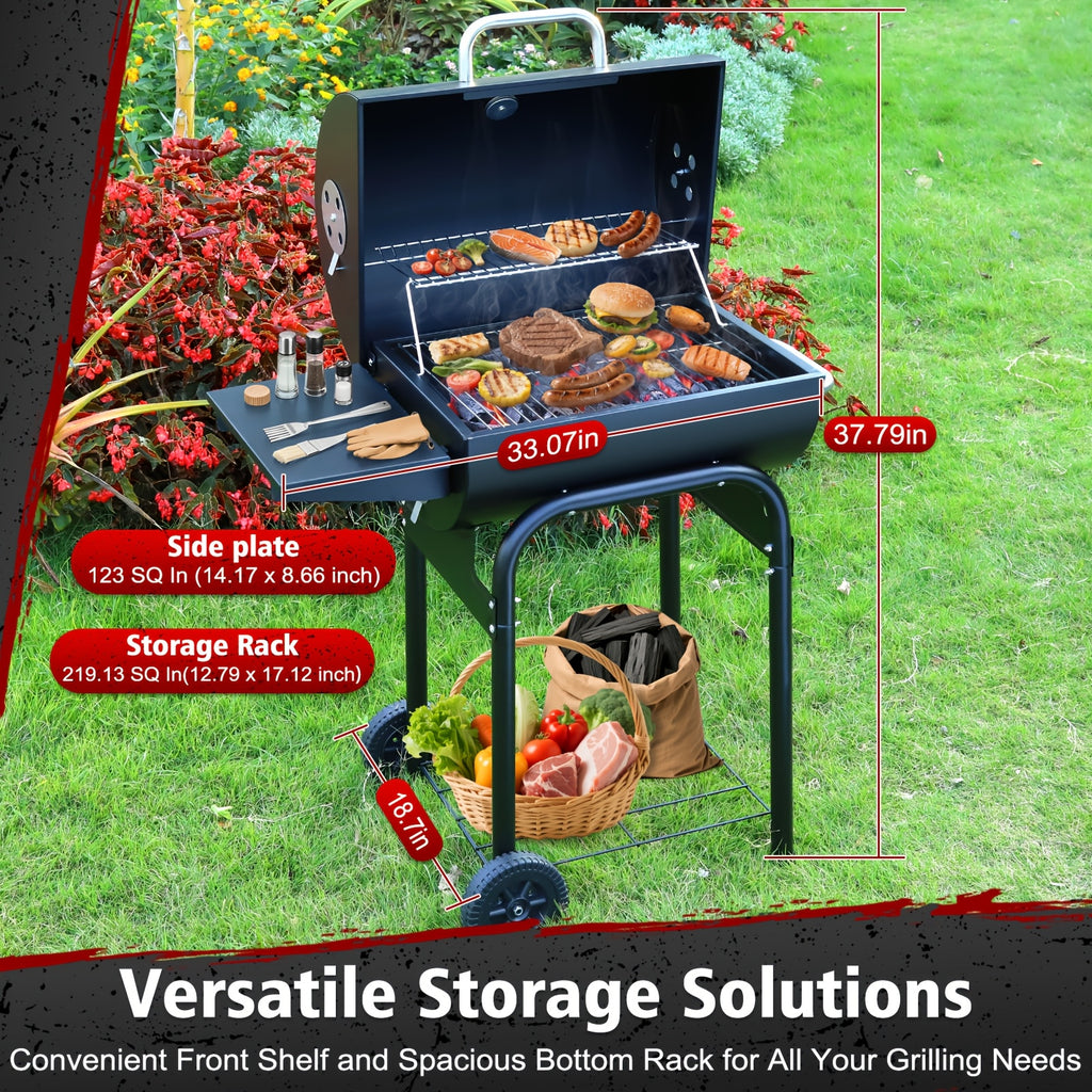Charcoal BBQ Grills Outdoor - Barrel Charcoal Grill with Offset Smoker(Model: L)/ Outdoor BBQ Grill with Side Table(Model:M/XL-A/XL-C)for Backyard, Patio, Parties, Camping, Outdoor Cooking, Large Event Gathering, Black