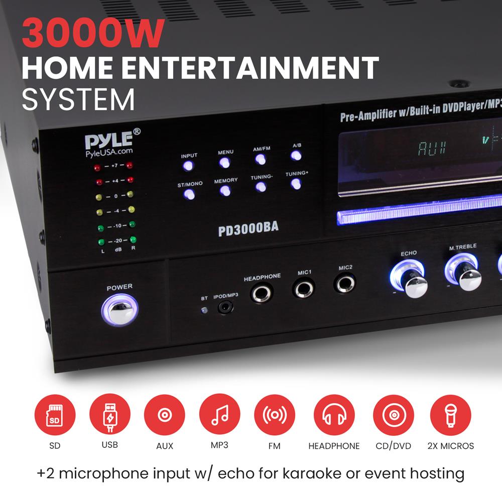Bluetooth Home Theater Amplifier Receiver - Pro Audio Stereo Receiver System with Multimedia Disc Player, MP3/USB Reader, AM/FM Radio (3000 Watt)