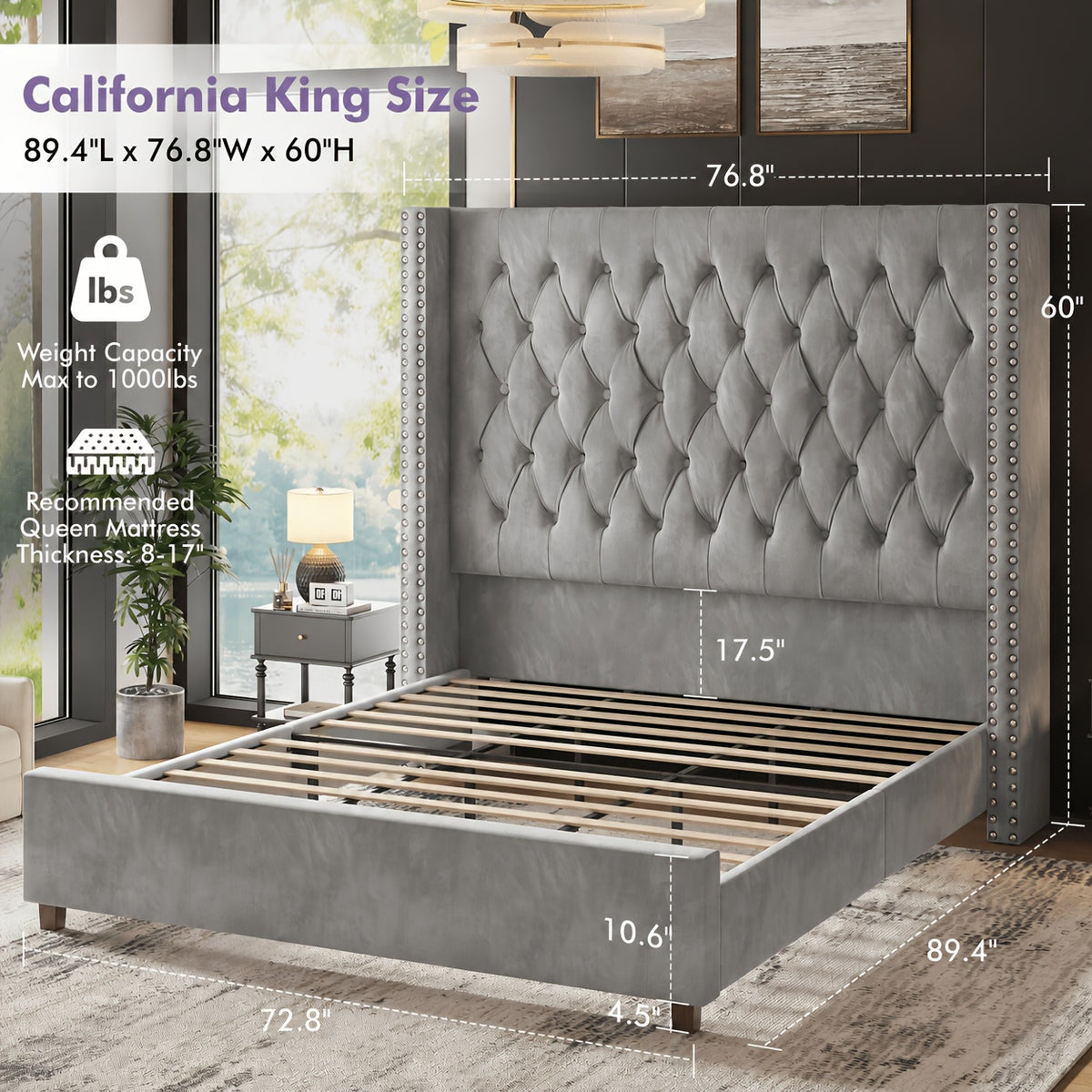 LUXOAK 60 Inch Tall Velvet Bed Frame With Tufted Wingback Headboard, Solid Wood Legs And Slat Support, No Box Spring Needed