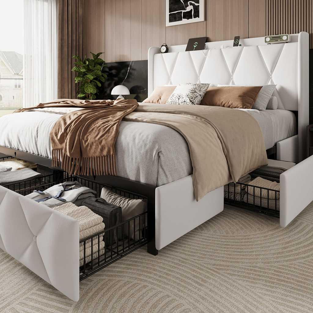 Halence 4 Drawers Storage Bed Frame With Wingback Headboard, Headboard With Built-in Charging Design, Metal And Hardwood Support, Easy Assembly, Suitable For Master Bedroom, Bed Frame Without Mattress