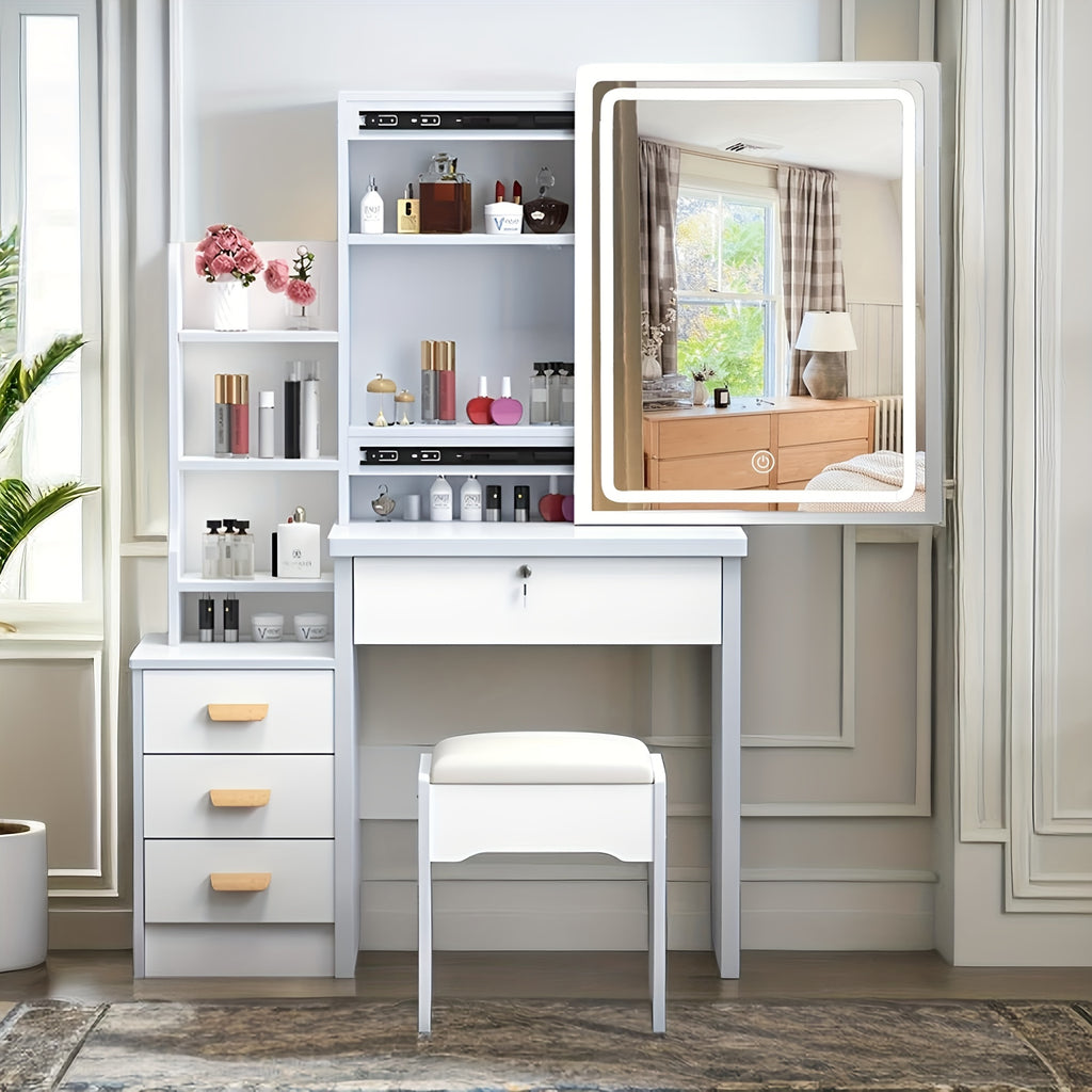 White Dressing Table with Sliding Mirror And Stool 4 Drawers Home High-End Bedroom Dressing Cabinet Integrated Small Apartment