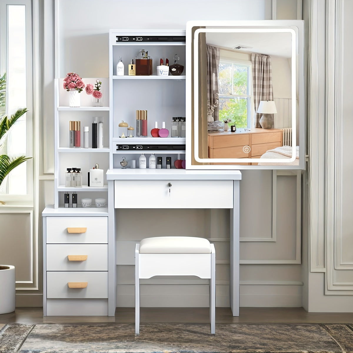 White Dressing Table with Sliding Mirror And Stool 4 Drawers Home High-End Bedroom Dressing Cabinet Integrated Small Apartment
