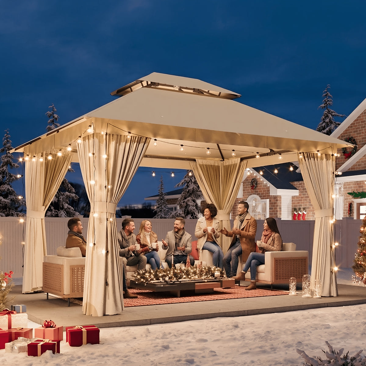10'X12' Outdoor Double Ventilated Gazebo & Pergola On, Heavy Metal Frame Double Roof, Party Tent with Mosquito Net And Privacy Screen, Suitable for Backyard, Lawn, Garden, Deck (Grey/Beige/Blue 10'X12'/10'X10/8'X8')