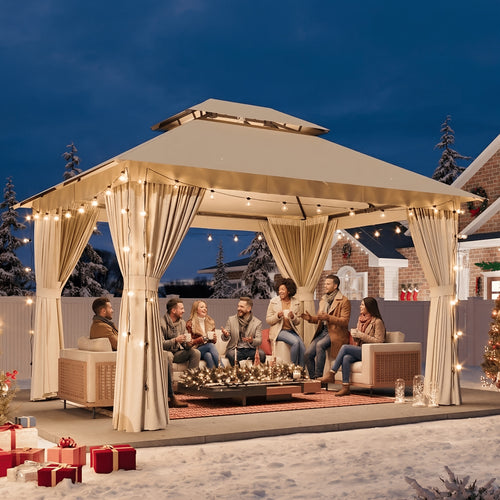 10'X12' Outdoor Double Ventilated Gazebo & Pergola On, Heavy Metal Frame Double Roof, Party Tent with Mosquito Net And Privacy Screen, Suitable for Backyard, Lawn, Garden, Deck (Grey/Beige/Blue 10'X12'/10'X10/8'X8')