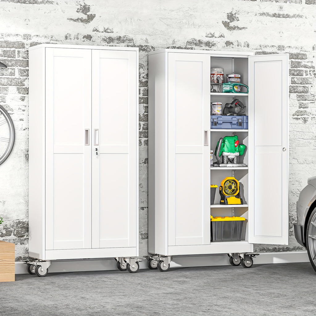61/71/75 Inch High Wheeled Metal Storage Cabinet with 2 Doors And Adjustable Partitions, Metal Filing Cabinet, Suitable for Home Offices, Kitchens, Warehouses, And Garages