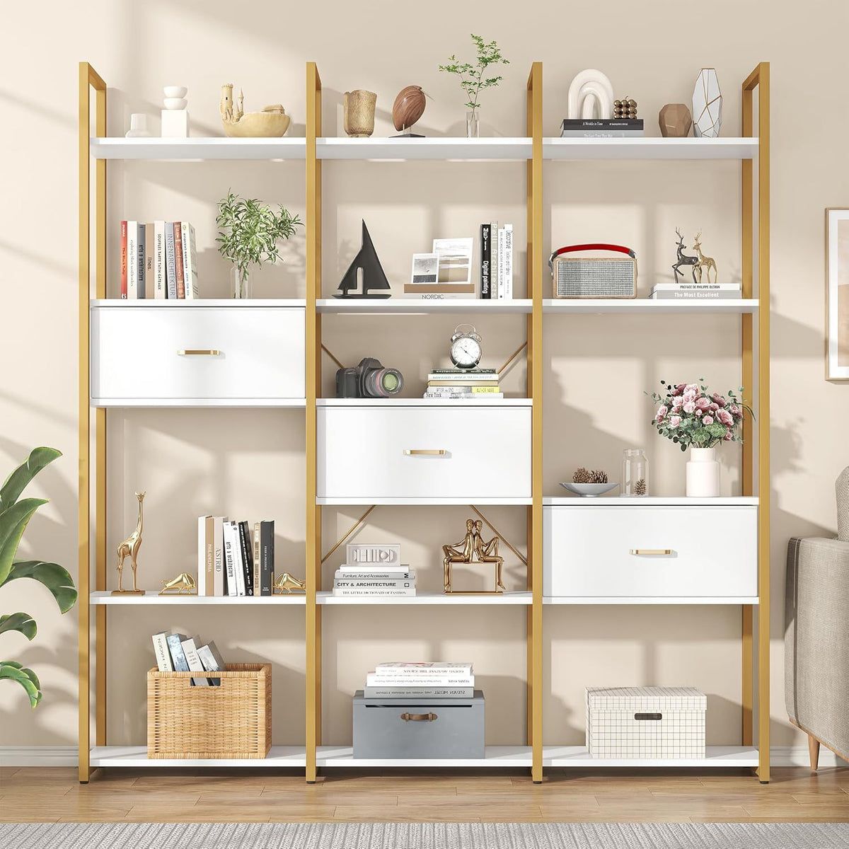 Semoic Triple Wide 6 Tiers Industrial Book Shelf with 3 Drawers and Storage Shelves, 73.6" Tall Bookcase with 16 Open Display Shelves, Large Etagere Bookshelf with Metal Frame for Home& Office, Golden