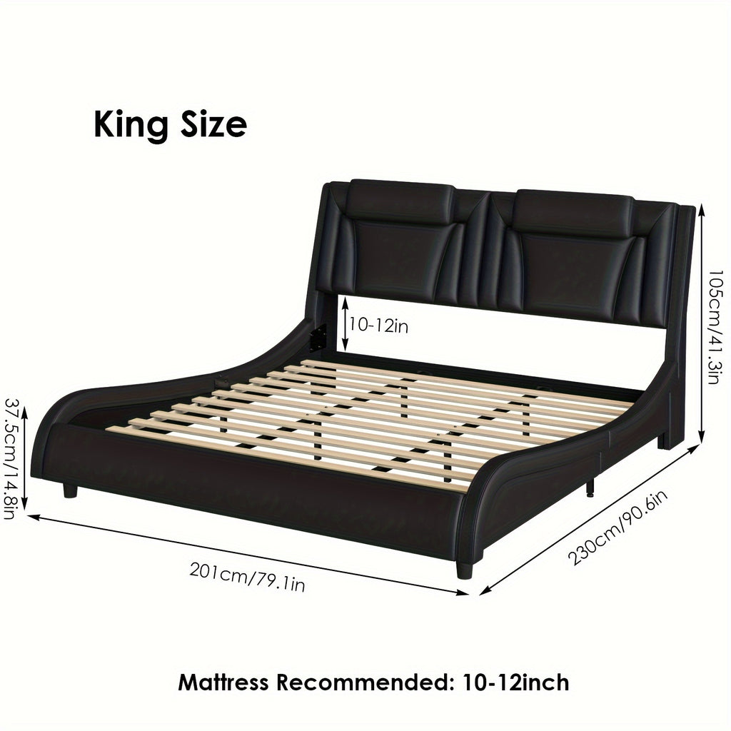 Upholstered Bed Frame Available in Full, Queen, And King Sizes Featuring an Adjustable Headboard, a Wavy Design, a Removable Backrest, And Solid Wooden Slats for Support, Eliminating The Need for a Box Spring, Offered in Faux Leather in White