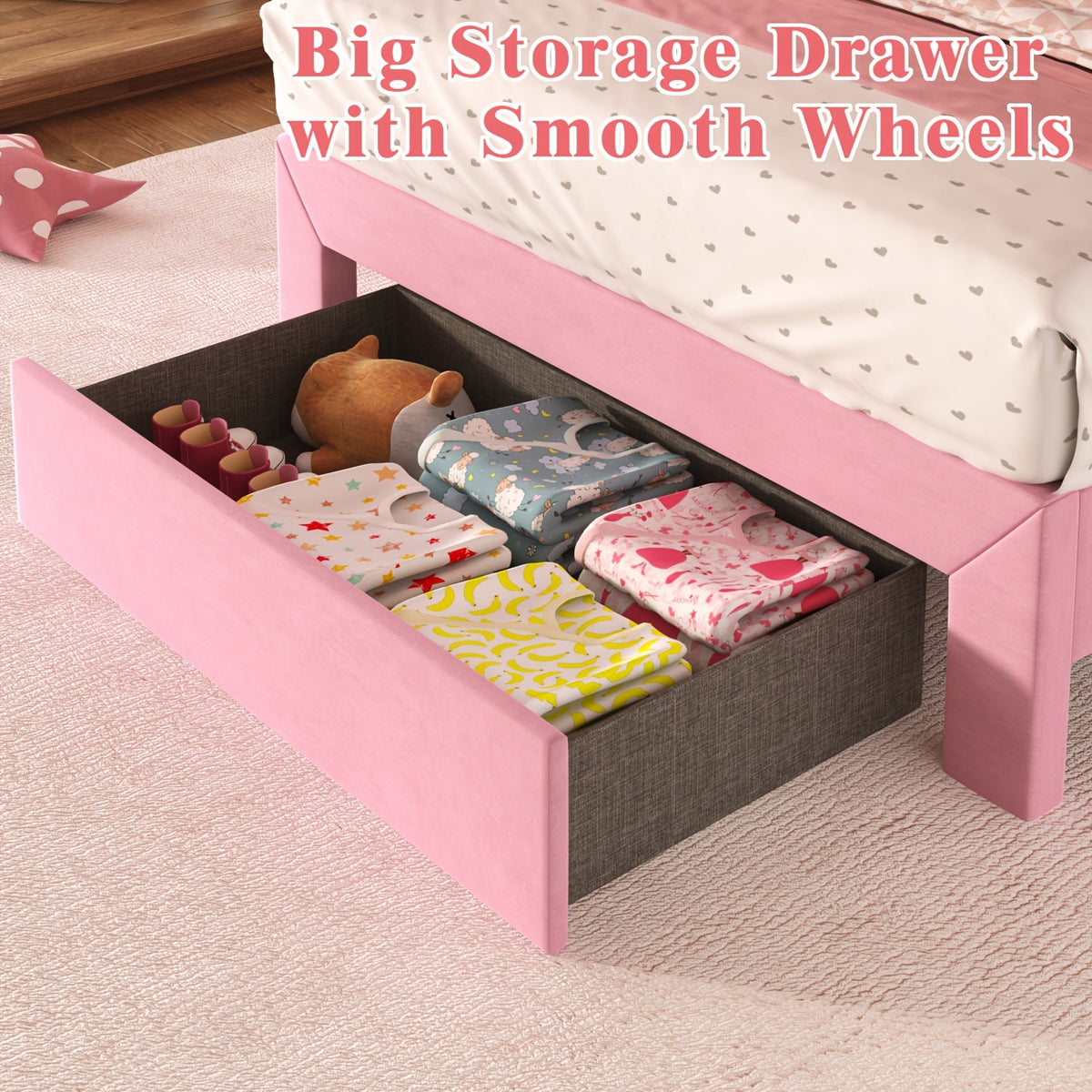 Pink Bed Frame with LED Headboard and Charging Station, 2 Storage Drawers, No Box Spring Needed, Noise Free