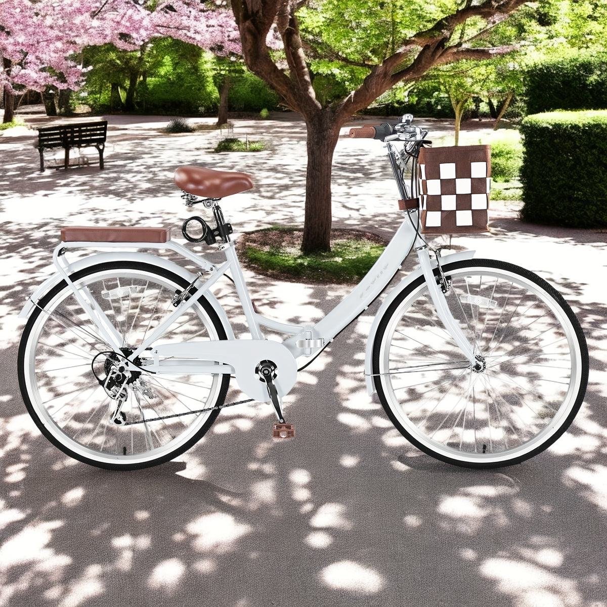 26" Foldable Beach Bike with Basket for Women - Lightweight 7-Speed Urban Commuter Bicycle, Adjustable Waterproof Seat, Detachable Rear Soft Saddle, Aluminum Alloy Wheels, Multiple Colors (Blue, Pink, Green, White), Easy Storage Bike | Checkered Board Bas