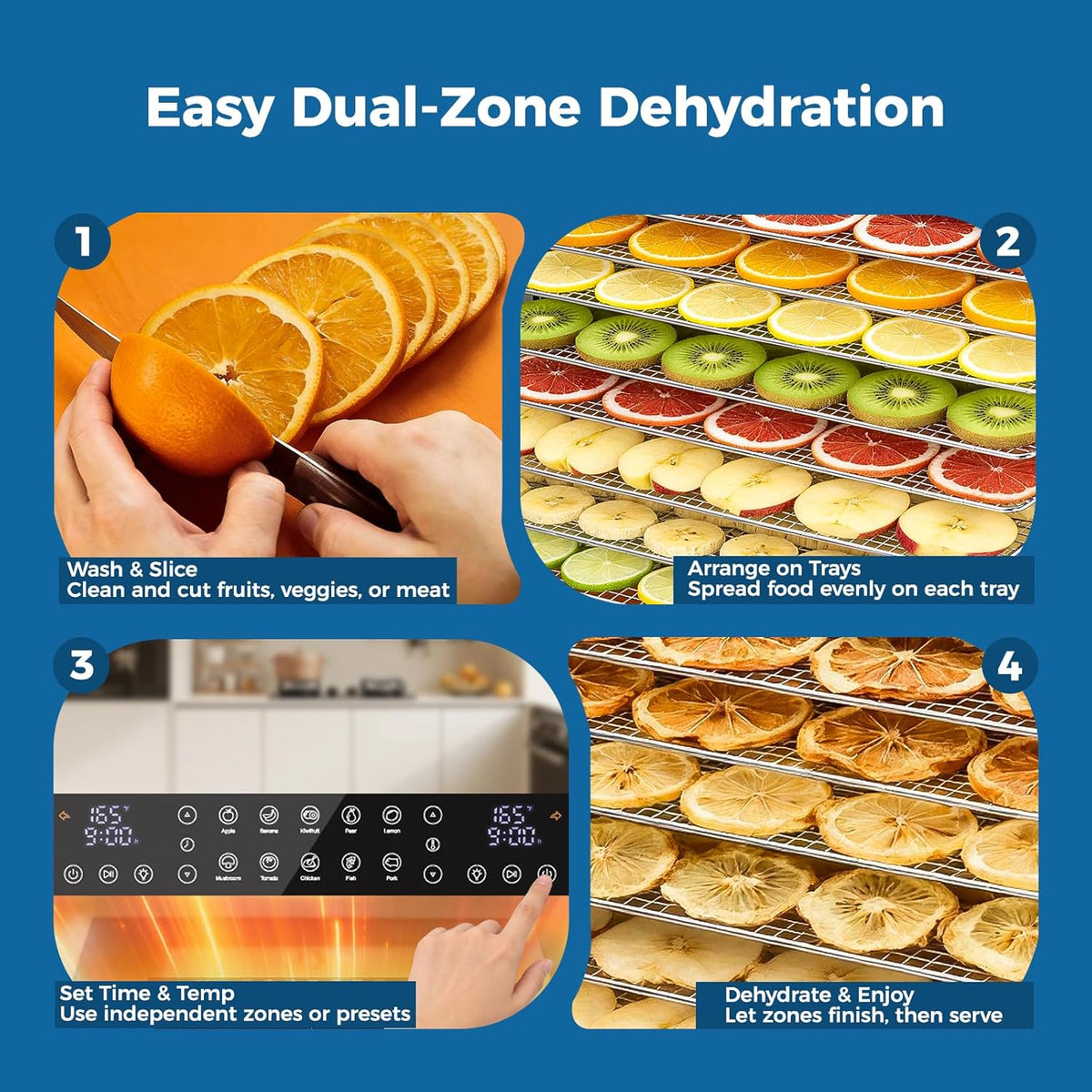 Dual Zone Food Dehydrator, 20 Stainless Steel Trays, 1300W Dual Layer Food Dryer with Recipe, 180°F Adjustable Temp, 48H Digital Timer, 10 Presets for Jerky, Meat, Fruit, Herbs