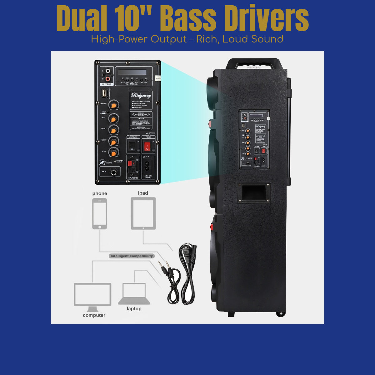 Dual 10" Bluetooth Karaoke Speaker, Portable Subwoofer with Heavy Bass, LED Flashing Lights, Mic & Remote, Multi-Mode (BT/USB/TF/AUX/FM), TWS Pairing, Handle & Wheels for Home, Party, Outdoor Events