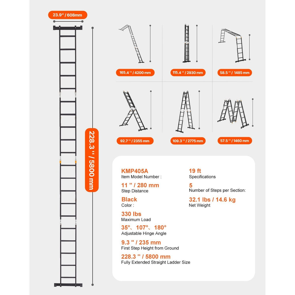 VEVOR Multi-Purpose Folding Ladder 7-in-1 3/4/5 Step 15.5ft with Scaffolding Plank/No accessories
