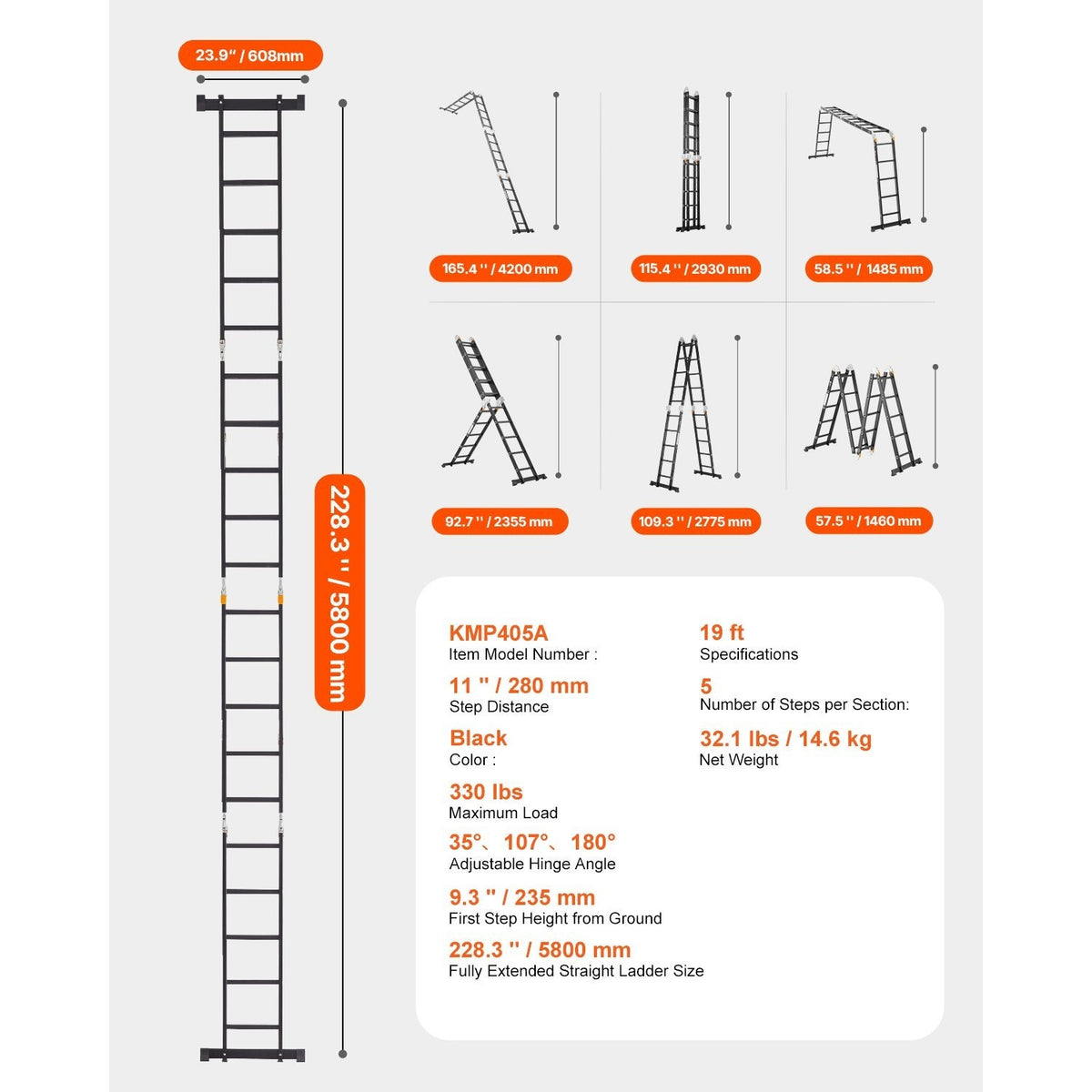 VEVOR Multi-Purpose Folding Ladder 7-in-1 3/4/5 Step 15.5ft with Scaffolding Plank/No accessories