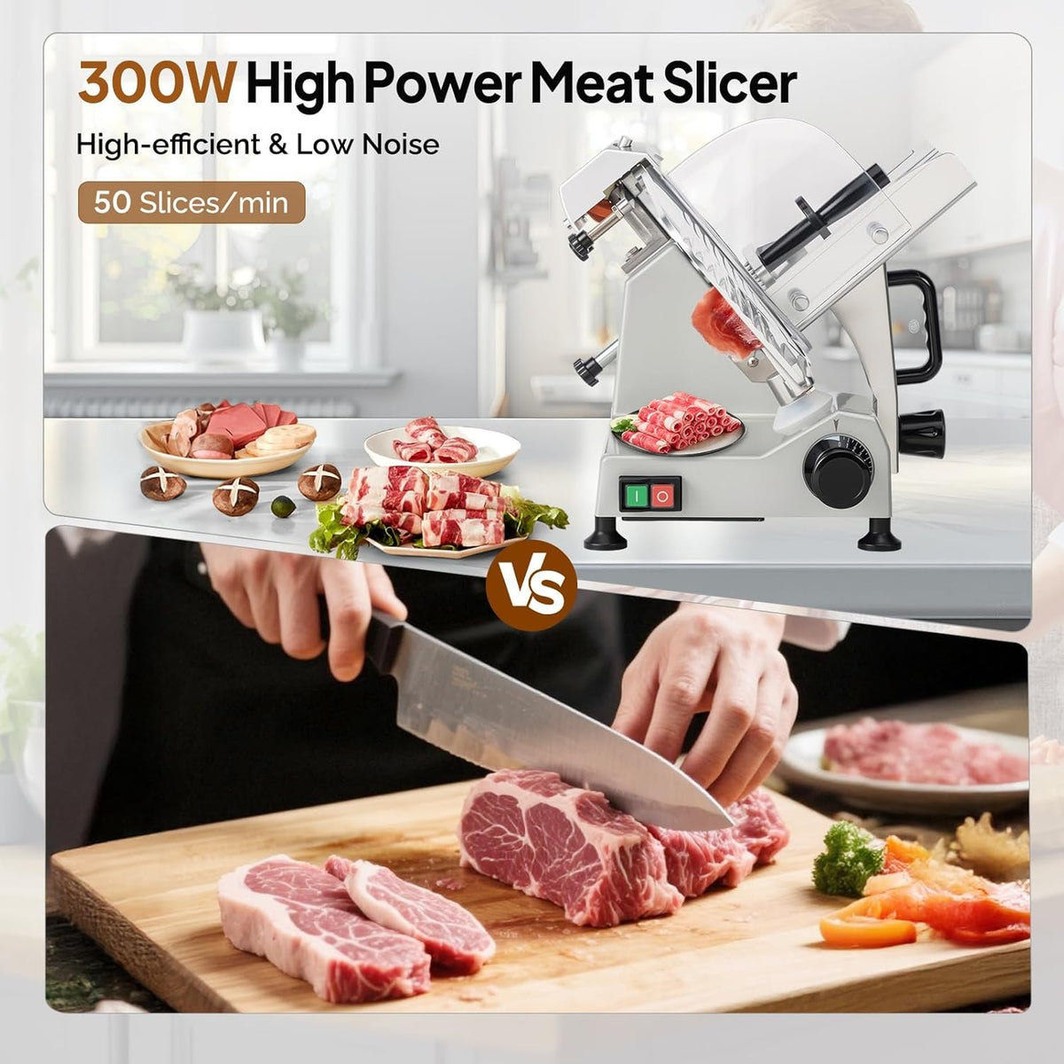 MEFEIR 8.7inch Commercial Meat Slicer, Electric Deli Food Slicer with Premium Chromium-plated Steel Blade, 0-12mm Adjustable Thickness, ETL Certified for Frozen Meat Ham Baguett Steak, Silver